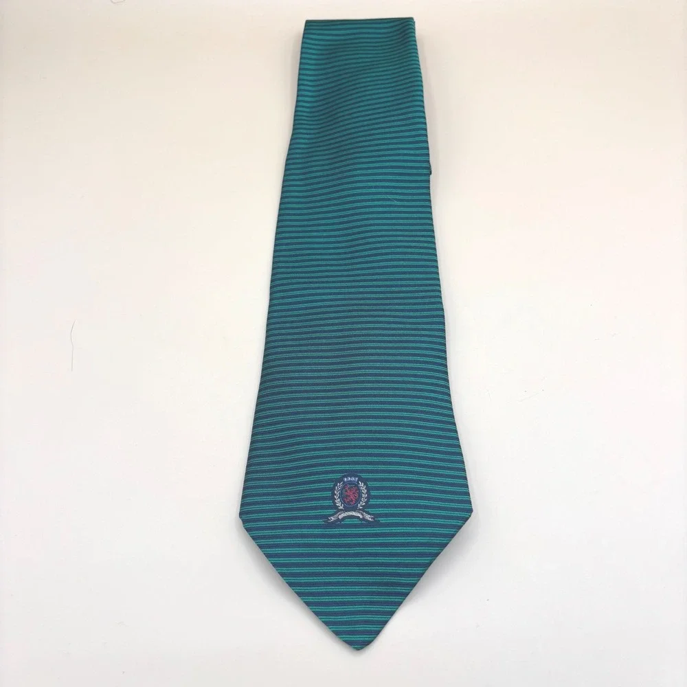 Tommy Hilfiger Mens Silk Tie Teal Navy Horizontal Stripe Crest Preppy Classic